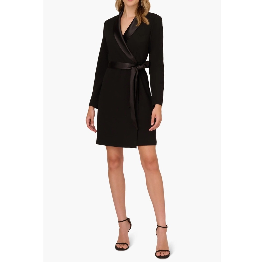 Adrianna Papell Tuxedo Wrap Dress Women 12 New Black Satin Trim MSRP $139
